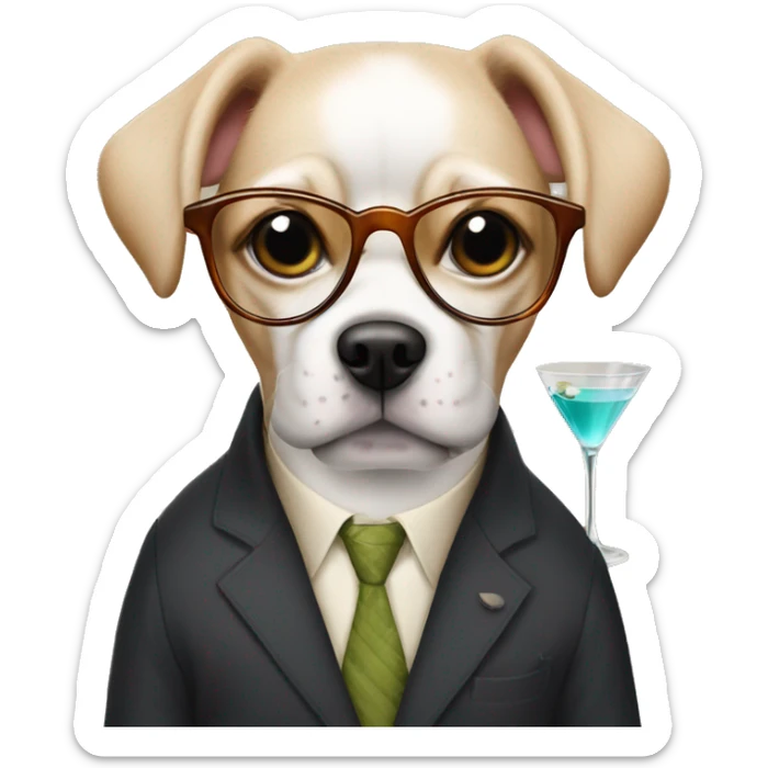dog wearing glasses and having a glass of martini in her hands sticker