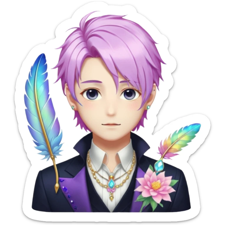 Beautiful gorgeous anime gentleman with beautiful iridescent-special-hair, fashion aesthetic, ethereal, fairycore, pastelcore, feather, flower, gems, accessories, jewelries, gold, colorful sticker