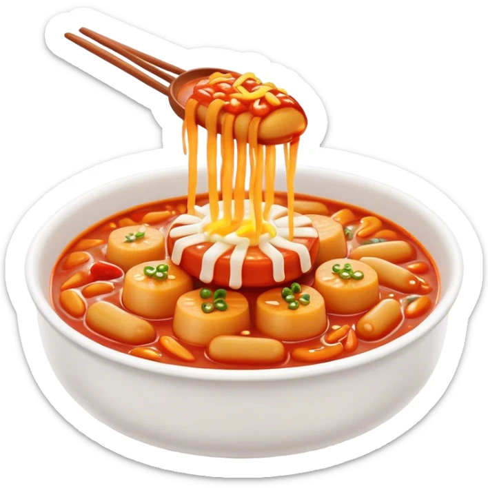 Cinematic Realistic Tteokbokki Dish Emoji, showcasing spicy, chewy rice cakes in a fiery sauce rendered with lifelike detail and bold, dynamic lighting. sticker