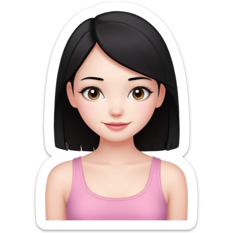 Cute girl with black hair long straight with pale skin and with pink crop top coquette sticker
