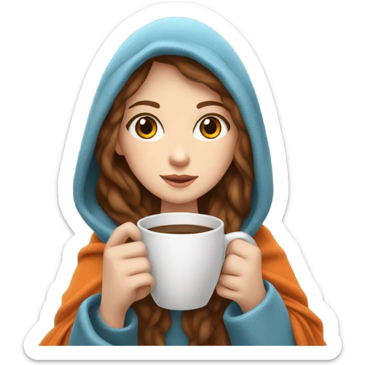 White girl with brown hair and blue eyes drinking coffee. With a white and orange cat and a blanket around them cuddled up sticker