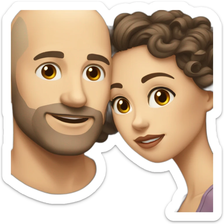 caucasian bald man with grey eyes and a caucasian woman with long curly dark hair and brown eyes kissing sticker