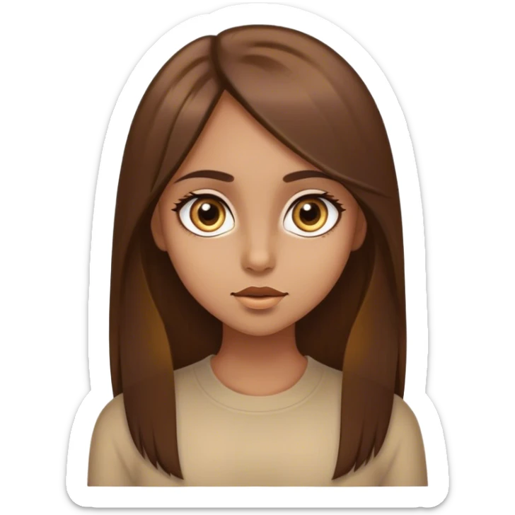 medium nose ,big eyes , girl , have some gangs and long hair,on the end of the hair have a little golden color ,straight hair ,brown hair  sticker