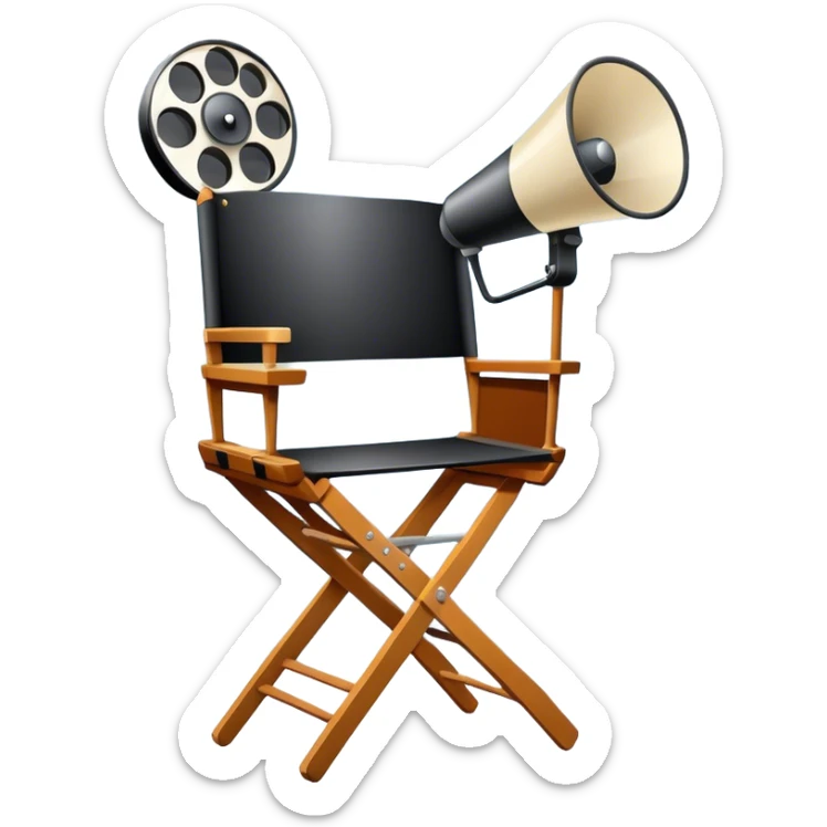 Icon for Directing: a director's chair, a film slate, a megaphone, and a stage set with lights. The icon should represent the creative and leadership aspects of directing, with focus on film and theater production. Transparent background. sticker