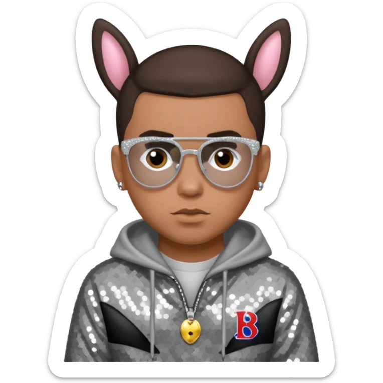 Bad Bunny, Puerto Rican Rapper with dark brown hair, gray sequin outfit sticker