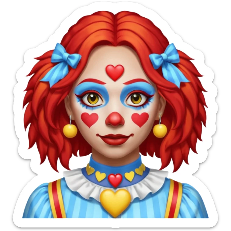 wendy thomas  the clown from gta rp nopixel she has a blue sun on covering right eye with three yellow lines below her right eye and above her left eye. she has long bright red hair and light blue eyes with a heart choker sticker