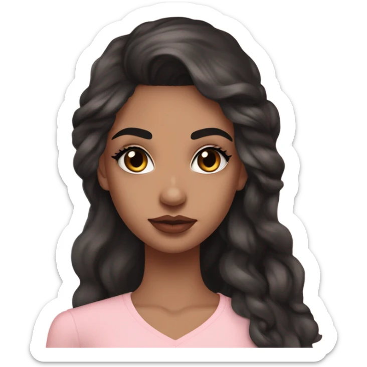 Fair girl with Cupid bow lips and long eyelashes and black eyes straight eyebrows and wavy long black hair pink blush on cheeks wearing flare lace shirt  sticker