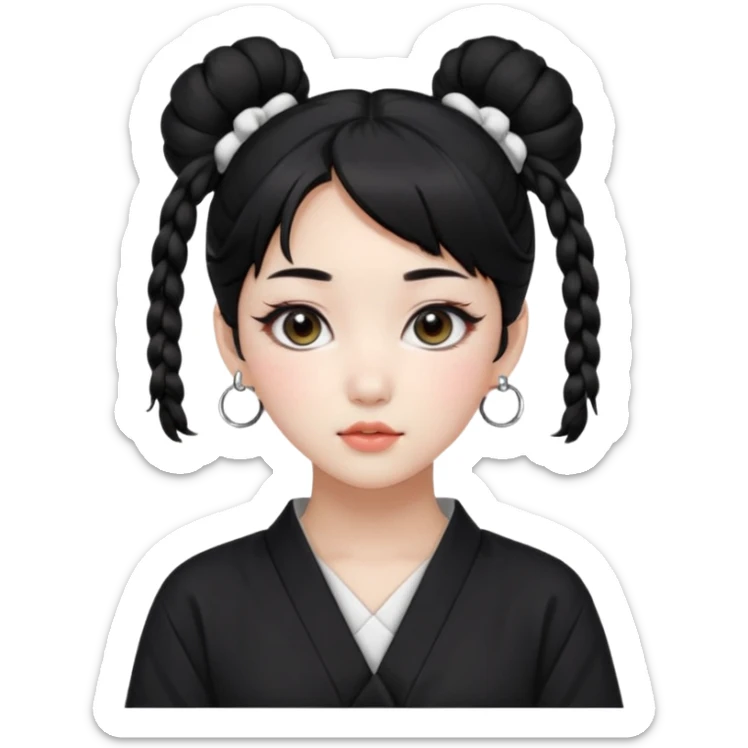a beautiful girl face, wearing cute korean makeup, black hair, tied into two buns low near the ears with front bangs, kpop idol sticker