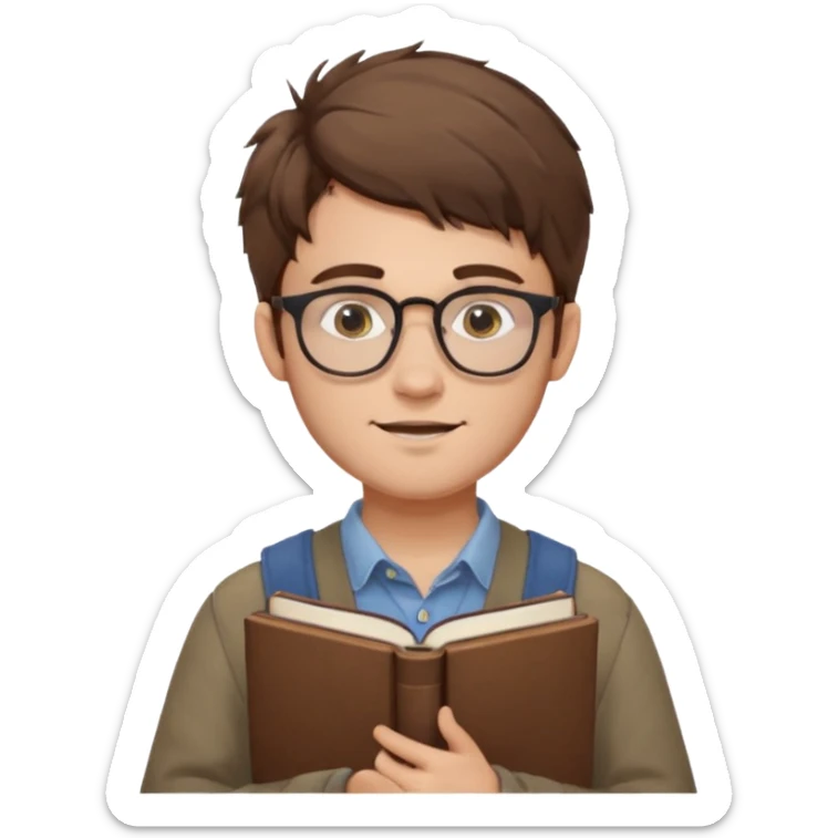 generate an ios genmoji of a fair 20 year guy with faint beard, spectacles, messy hair, books in hand sticker