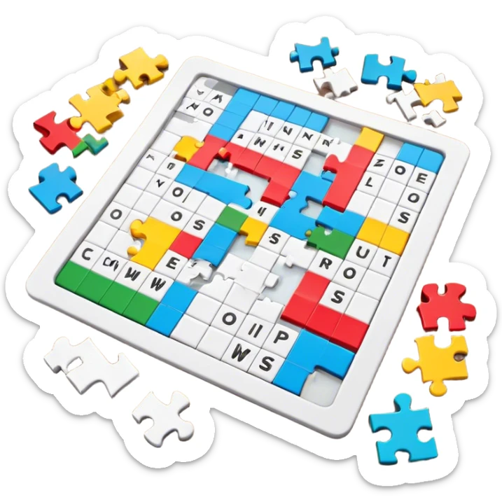 A photorealistic icon with a colorful, fragmented puzzle piece, a crossword magazine, a 3D puzzle, and a partially completed puzzle on a table. Bright, detailed design with realistic lighting. Transparent background, clearly symbolizing puzzles and brain games. sticker