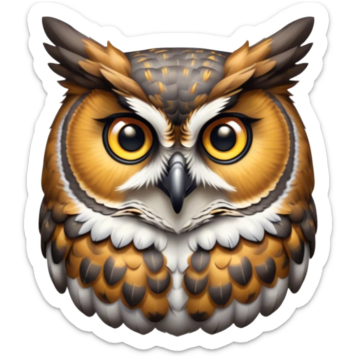 Cinematic Cute Great Horned Owl Portrait Emoji, Head tilted playfully and inquisitively, featuring a lush mottled Fur with intricate patterns of gray and white, round, sparkling golden eyes filled with curious wonder, Simplified yet irresistibly adorable features, highly detailed, glowing with a warm, friendly glow, high shine, affectionate and wise, stylized with a touch of nocturnal whimsy, bright and endearing, soft glowing outline, capturing the essence of a mischievous yet loving owl, so playful it feels like it could glide out of the screen and perch in your arms! sticker