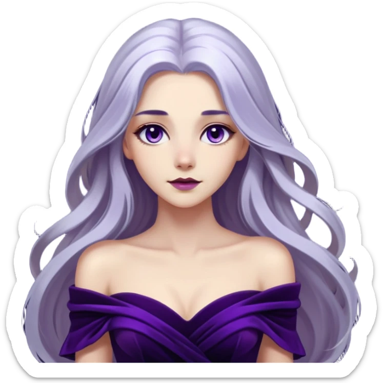 A portrait of a striking woman with long silver hair and a captivating gaze. She’s dressed in a deep purple, off-shoulder dress, with a dark, velvety background and soft light accentuating her features, creating a dramatic, almost ethereal atmosphere sticker
