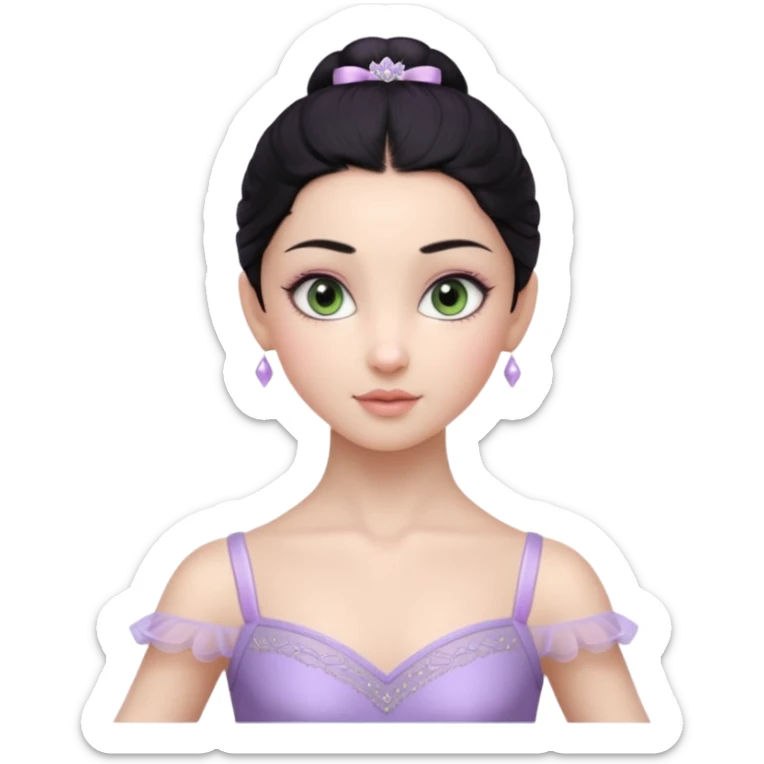 Cinematic Realistic ballerina Light Purple Portrait, depicted with lifelike skin texture, subtle rosy undertones, and soft natural lighting that enhances the gentle contours of her face. Her intricately detailed sweet black hair is elegantly styled, green eyes sticker