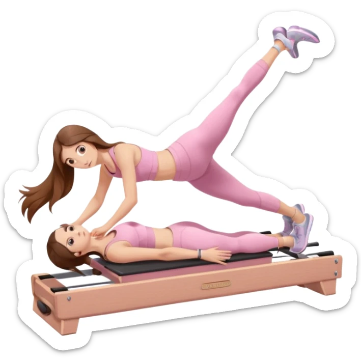 pretty white teen with hazel eyes and long brown hair and a small waist in light pink workout clothes in a plank on a pilates reformer sticker