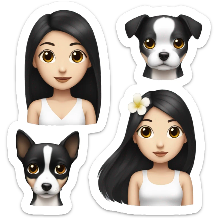 Korean girl with long black hair There is a black and white Chihuahua. sticker