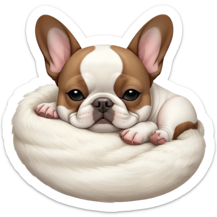 Meme-Worthy Cute Sleeping Pied French Bulldog Portrait Emoji, Head resting peacefully with a gentle, contented smile and eyes softly closed in serene repose, showcasing a distinctive pied fur of contrasting hues and a lovable, relaxed expression, simplified yet irresistibly adorable, highly detailed, glowing with a soft, drowsy radiance, high shine, exuding calm, endearing charm, styled with a gentle, soft glowing outline, capturing the essence of a sleeping Pied French Bulldog that appears destined to be the next viral symbol of adorable, sleepy delight! sticker