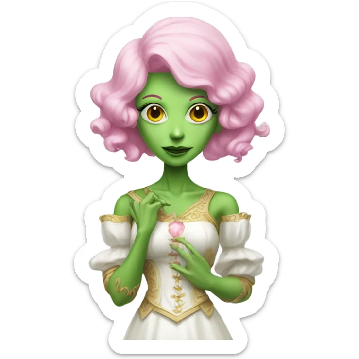 a green amazon alien woman in Victorian white gold full body pink hair sticker