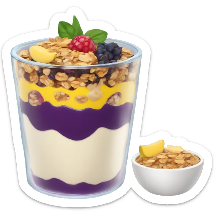 Açaí in a clear cup with layers of fruits and granola and condensed milk sticker