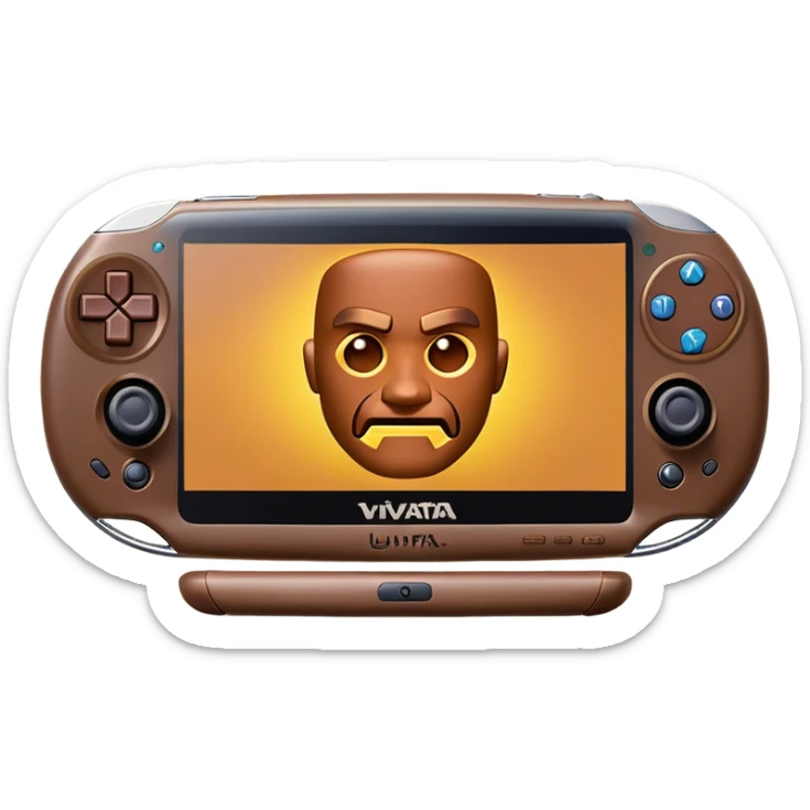 Clash of Clans aesthetic: Cinematic Playful PlayStation Vita Portrait Emoji, rendered in a 3D vector-style similar to standard emojis with minimal shading and bold, simplified shapes. A compact, distinct form with signature details, softly glowing with a cutting-edge console technology charm. Simplified yet unmistakably iconic, highly detailed and consistent, glowing with a soft radiance and high shine. Stylized with a touch of technological advancement and a soft glowing outline, capturing the essence of a beloved gaming relic with a friendly, playful manner! sticker