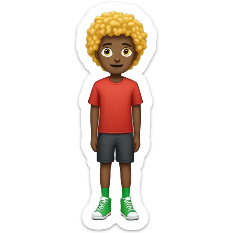 Tall boy with curly yellow hair and green eyes wearing red t shirt, white shorts, blue socks and black trainers sticker
