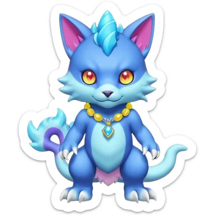 Colorful neon glowing abyssal garurumon-purloin-feline-Fakemon-Digimon-creature wearing a cool casual fashionable aesthetic clothes and accessories and jewelries and apparels fursona (full body)  sticker