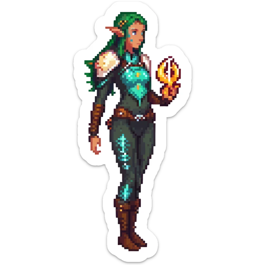 elf female Short wetsuit-style garb, glowing runes on skin, holding a conch horn. sticker