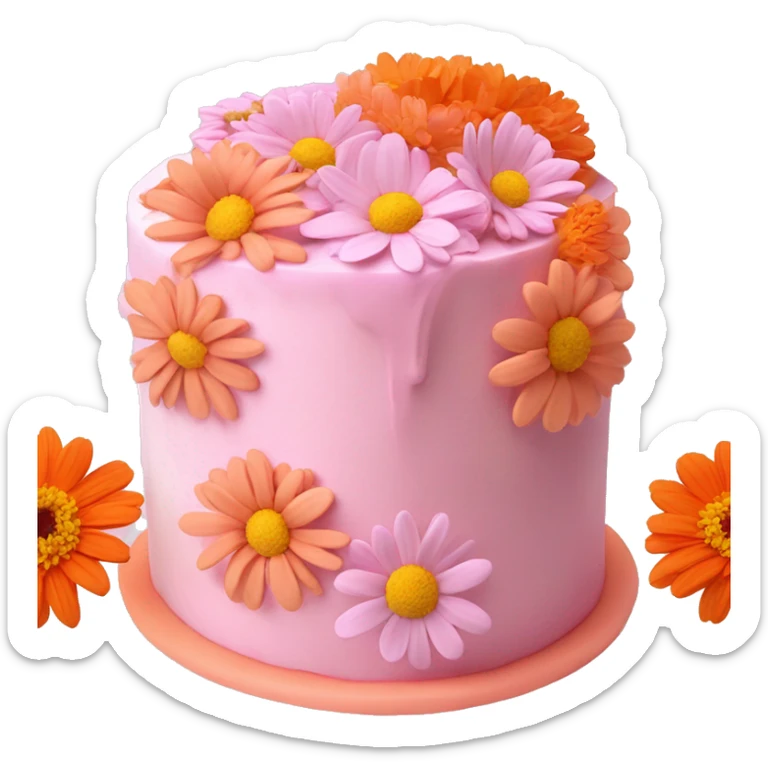 pastel pink and orange birthday cake with light pink mums and cosmos and zinnias on top with orange centers sticker