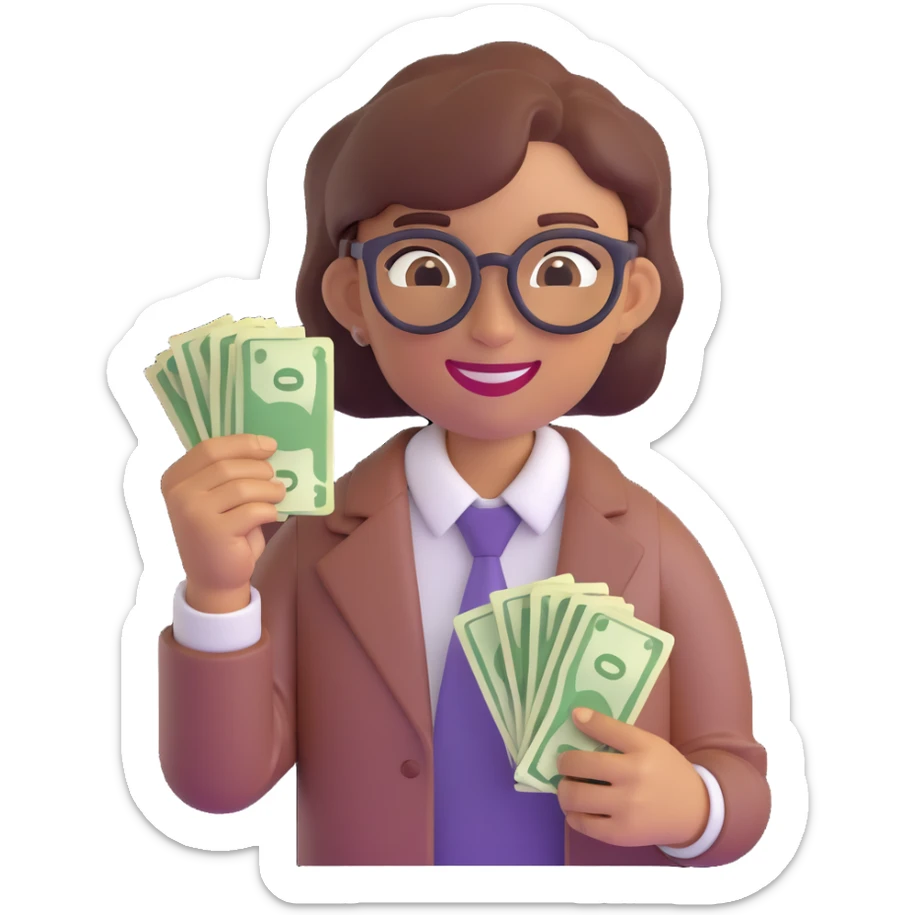 agender emoji with nerdy style glasses, smiling, holding money in one hand, androgynous features sticker