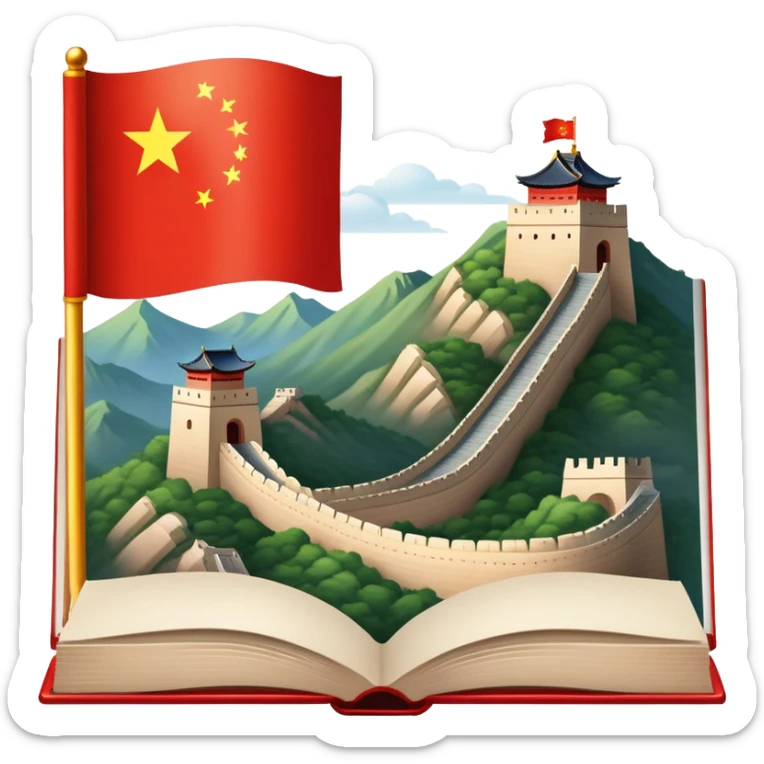 An icon featuring the Great Wall of China and the big flag of China, symbolizing the Chinese language. The design includes an open book with Chinese characters, representing language learning. Transparent background highlights the depth of Chinese heritage. sticker