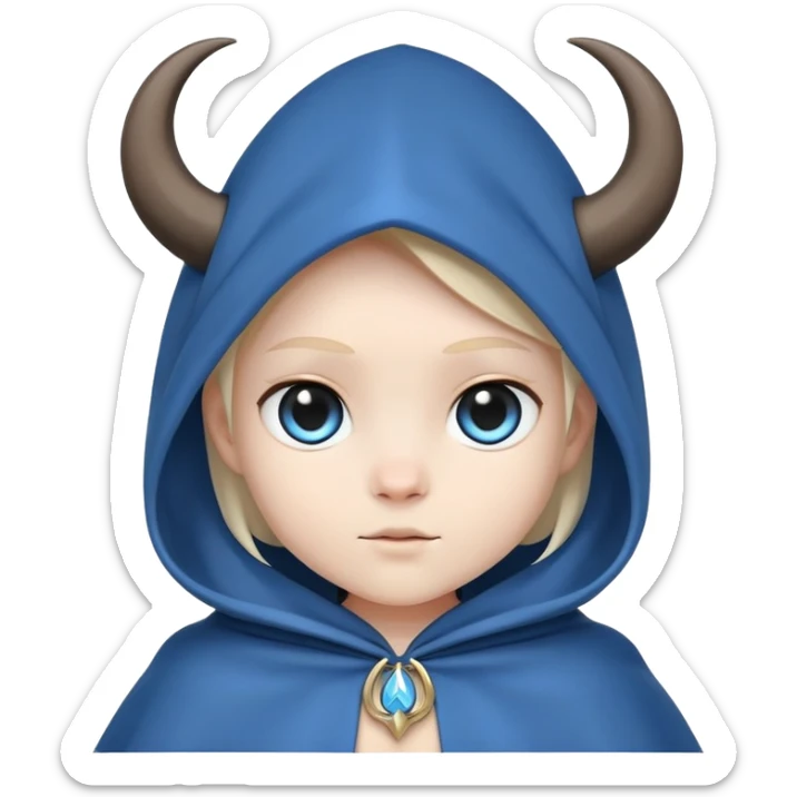 cute figure with blue cloak, black body, white eyes, little horns visible beneath the hood sticker