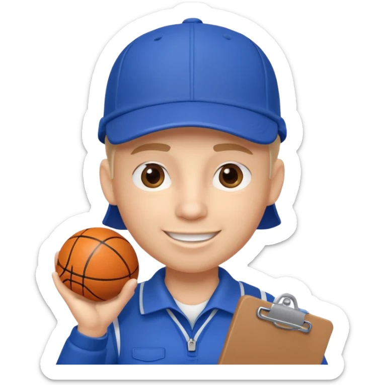 cute basketball coach portrait, head and shoulders only, whistle, cap, clipboard strap, confident smile, 3D cartoon, mobile game icon style, clean background, no text, no watermark
 sticker