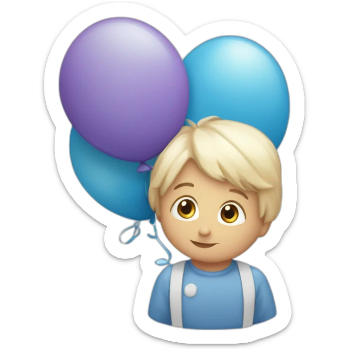 Un bambino in una culla con il fiocco azzurro e intorno tanti palloncini azzurri e una scritta MotiArt sticker