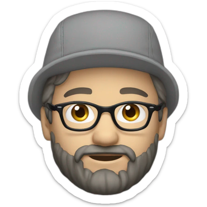 Man with long blonde hair blue eyes black rim glasses, beard and a light grey hat on backwards sticker