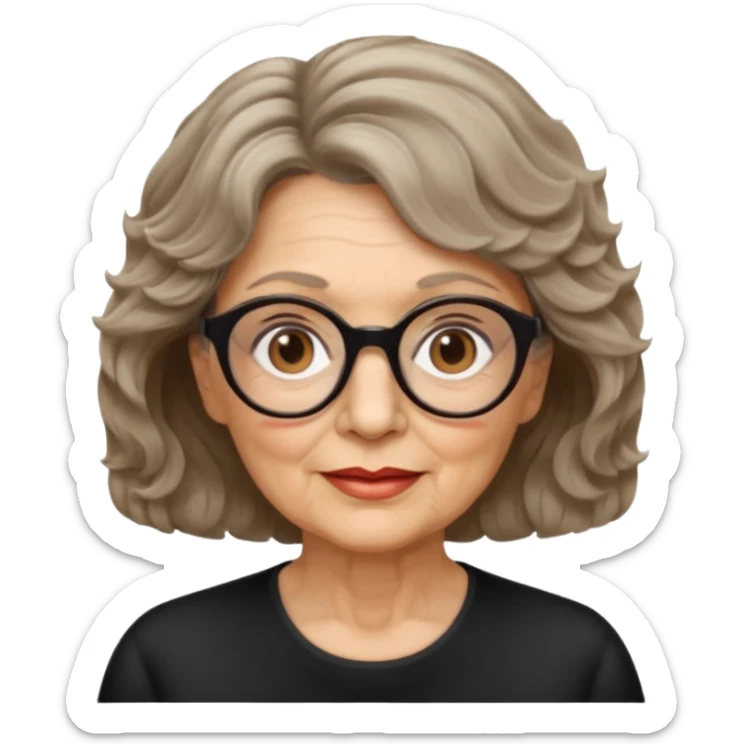 woman 70 years old, short dark blonde weavy hair, brown eyes and round dark glasses sticker