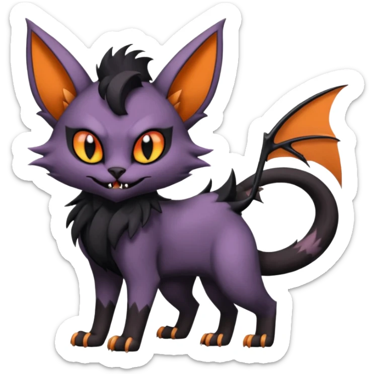 Black edgy Noivern-Noibat-Purloin-Torracat-Lykoi-Caracal-cat-Fakemon-fusion-hybrid-creature with bat head wings, big fangs, gothic markings sticker