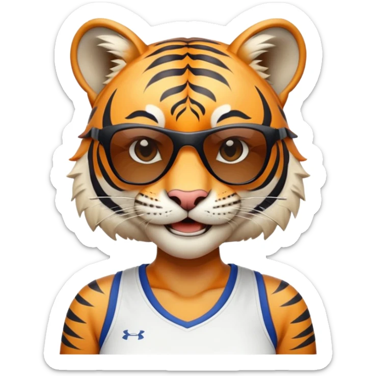female energetic anthropomorphised tiger in sports clothes, wearing dark sunglasses, head and shoulders only, smiling sticker