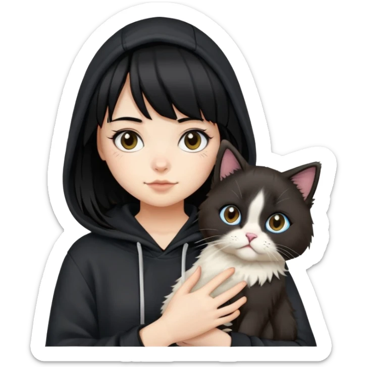 A girl in a hoodie with straight black hair and bangs holding a ragdoll cat sticker