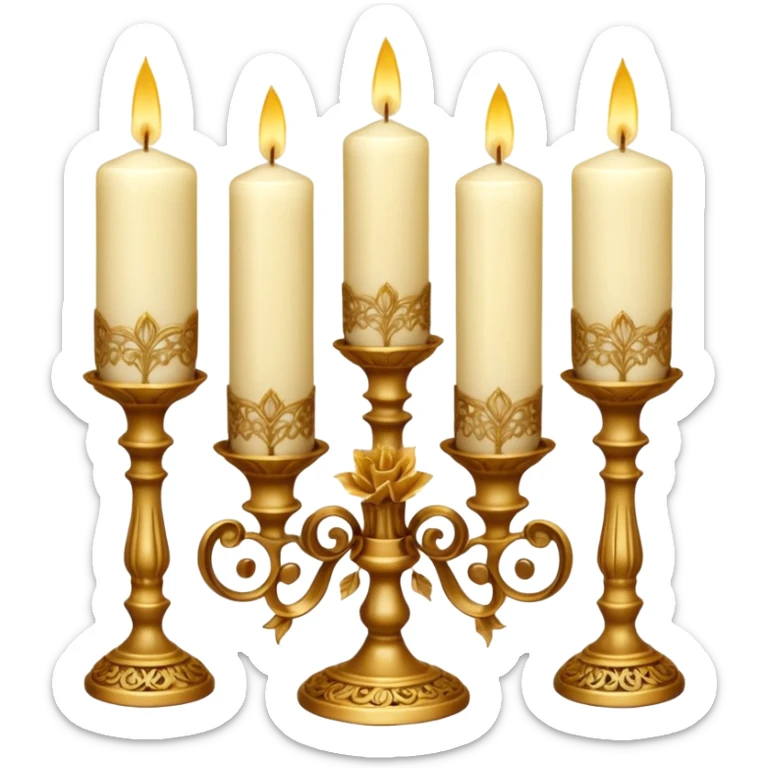 Victorian Candle Set
A cluster of tall, ivory candles in ornate golden holders. Some are carved with lace-like patterns, others wrapped in translucent brown ribbon and dried golden roses. sticker