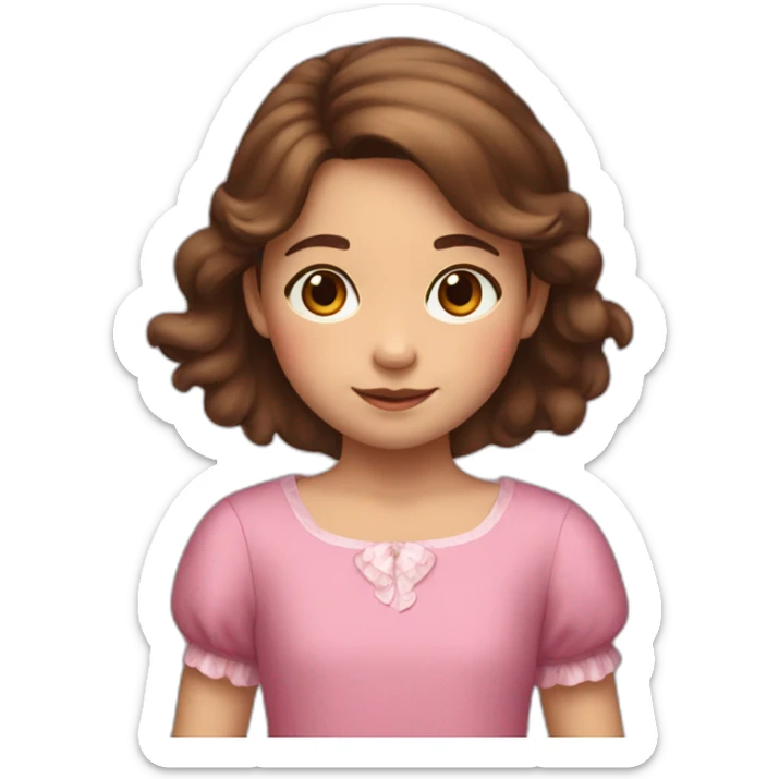 An 8-year-old girl with brown hair in a pink dress and a bear in her hands sticker