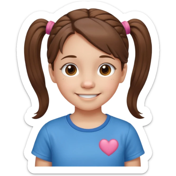 10 year old girl emoji, brown hair in pigtails, wearing a t-shirt, smiling sticker