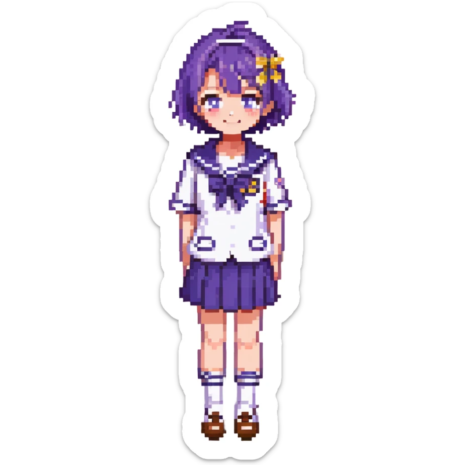 Pixel art anime girl with short bright purple hair wearing Japanese sailor style school uniform, composed posture with hand on hip but shyly waving with other hand, blushing face and timid smile, very shy expression sticker