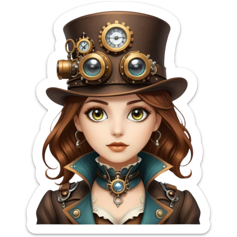 Beautiful Steampunk style woman with large glistening eyes, ultra realistic details sticker