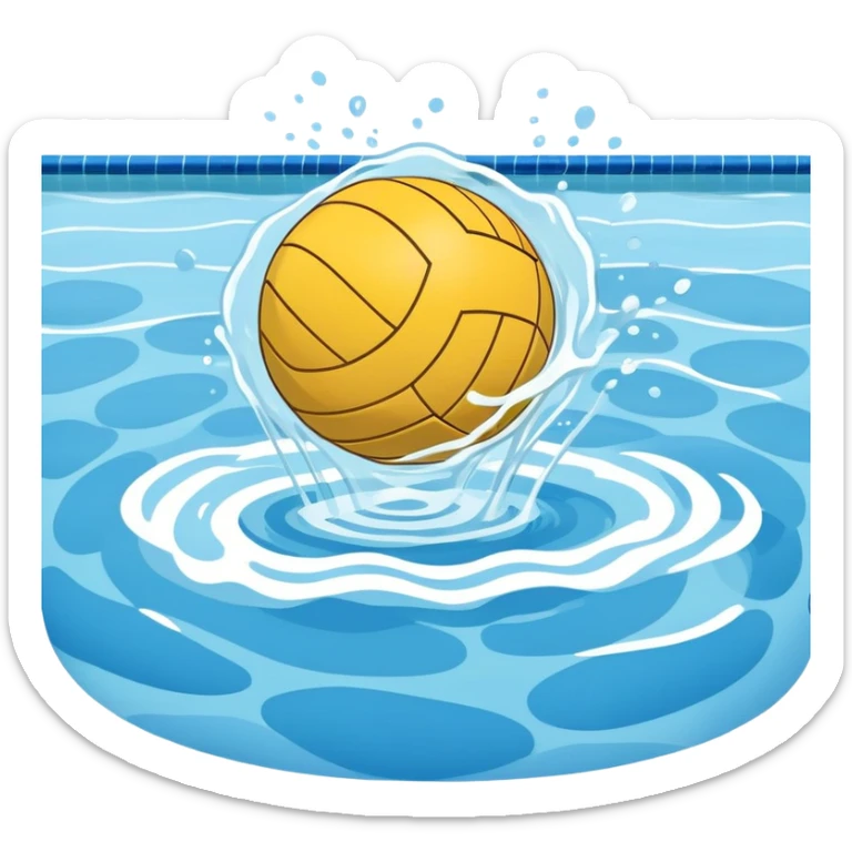 An icon featuring a yellow water polo ball floating on the water with goals in the background, inside a swimming pool. The design includes splashes and ripples, symbolizing the fast-paced action and strategy of water polo. Transparent background highlights. sticker