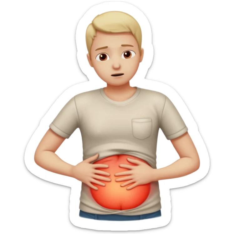 A person wearing casual clothes, holding their stomach with one hand, showing visible discomfort. A red glow appears over the abdominal area to indicate pain. Realistic medical illustration style, clean white background, focus on body language expressing stomach ache or cramps. sticker