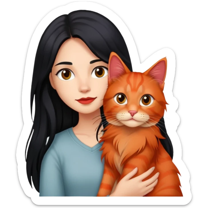 Une fille au cheveux long lisse et noir portant un chat type Maine coon de couleur roux  sticker