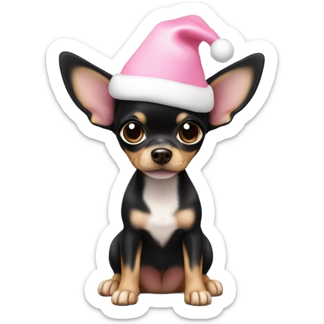 black & tan chihuahua puppy full body light blue eyes pink christmas hat on sticker