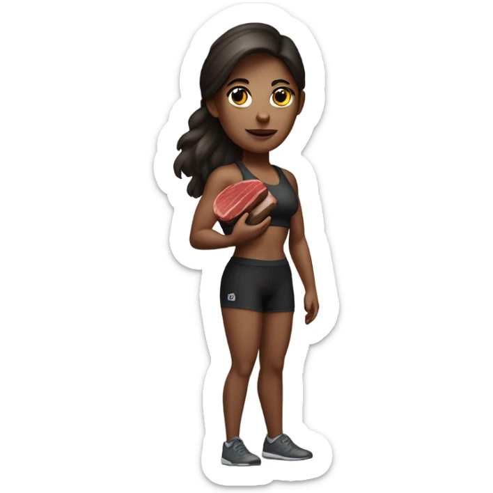 White skin brunette gym girl holding a steak sticker