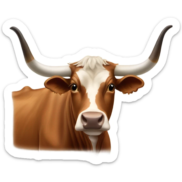 Longhorn brown cow with white tape over his nose that says bevo sticker