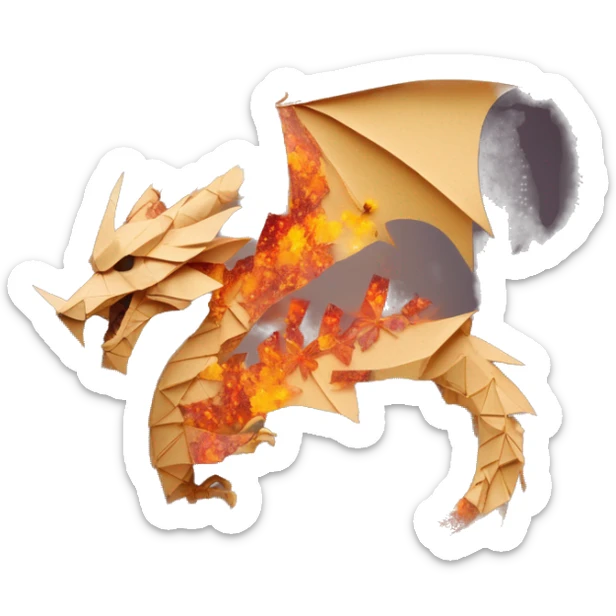 Charred flaming fiery Beige Origami dragon made of newspapers on fire letters on fire burnt paper surrounded by fairy lights swirls covered in dried flowers bokeh floral flowers fire flames sticker