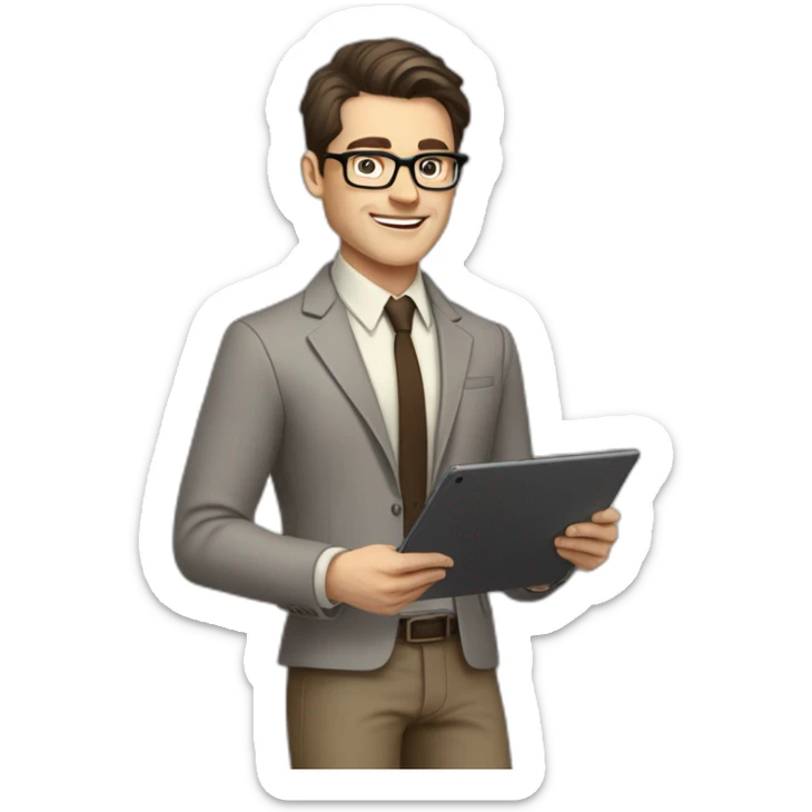Pale skinned fit man with dark brown hair in gray jacket, beige office shirt, brown tie, brown pants and vintage glasses Writing on the tablet sticker